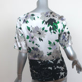 Dries Van Noten Blouse Silver Floral Print Silk Satin Size 36 Short Sleeve Top