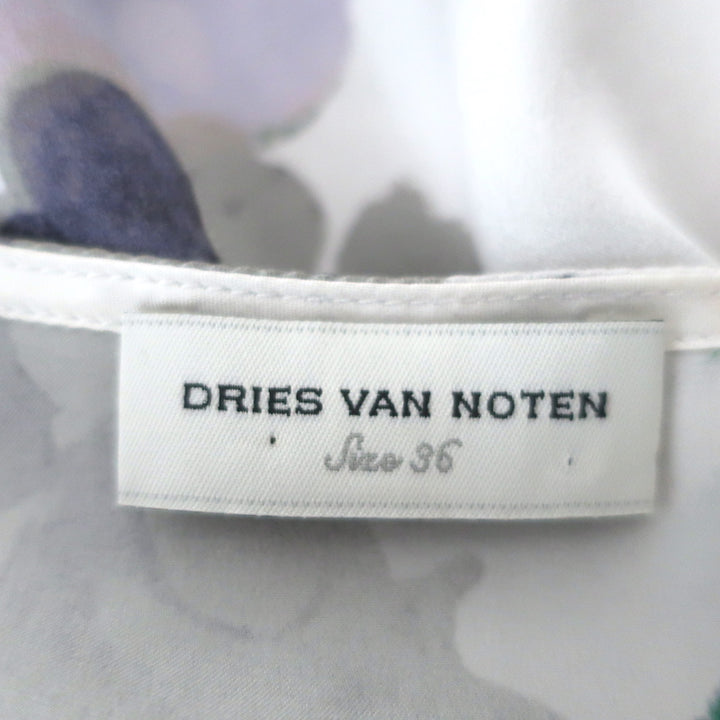 Dries Van Noten Blouse Silver Floral Print Silk Satin Size 36 Short Sleeve Top