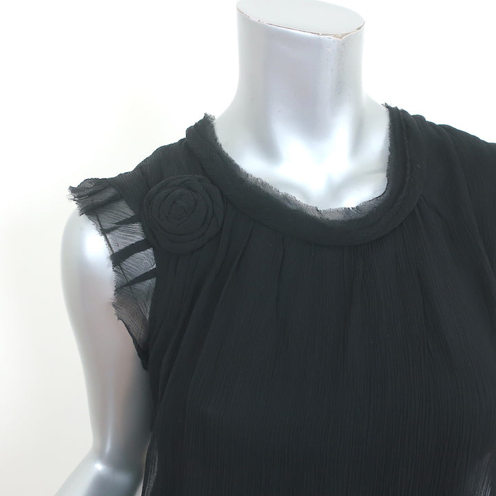 Lanvin Rosette-Embellished Top Black Chiffon Size Small Sleeveless Blouse