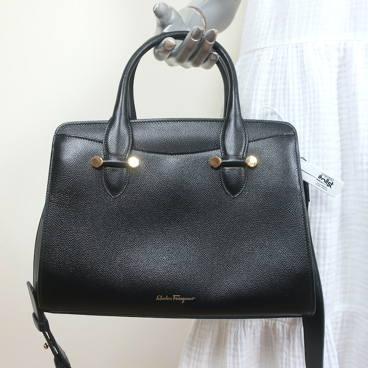 Salvatore Ferragamo Today Small Satchel Black Pebbled Leather Crossbody NEW