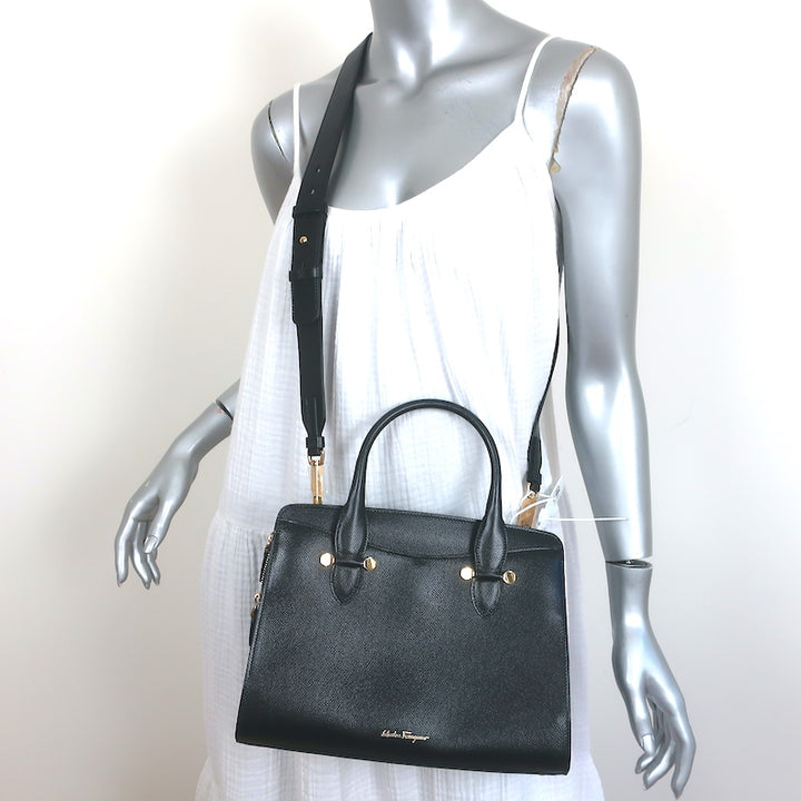 Salvatore Ferragamo Today Small Satchel Black Pebbled Leather Crossbody NEW