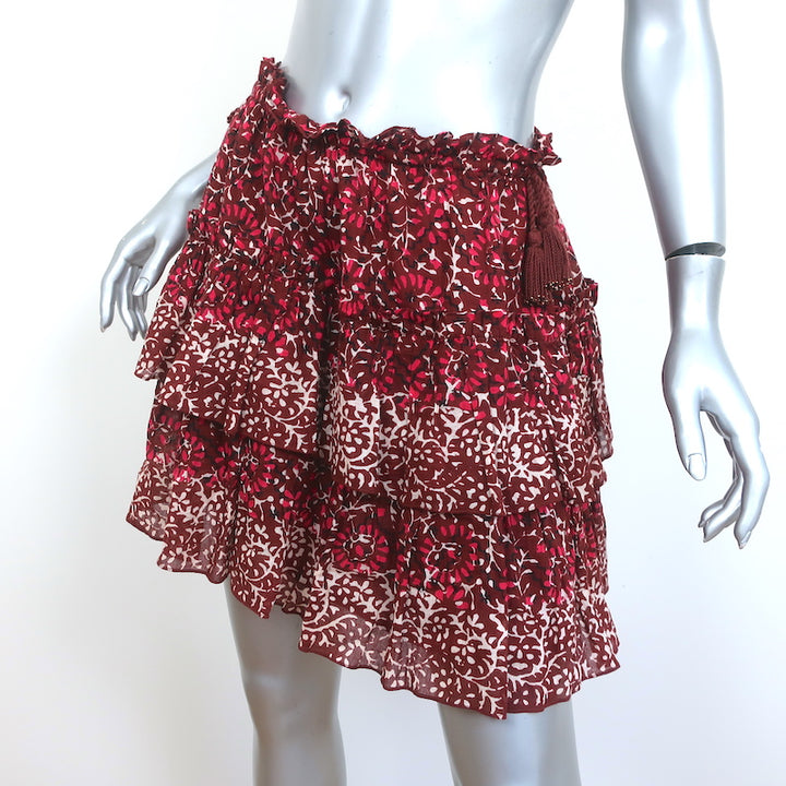 Ulla Johnson Tiered Mini Skirt Brown/Red Printed Ruffled Cotton Size 4