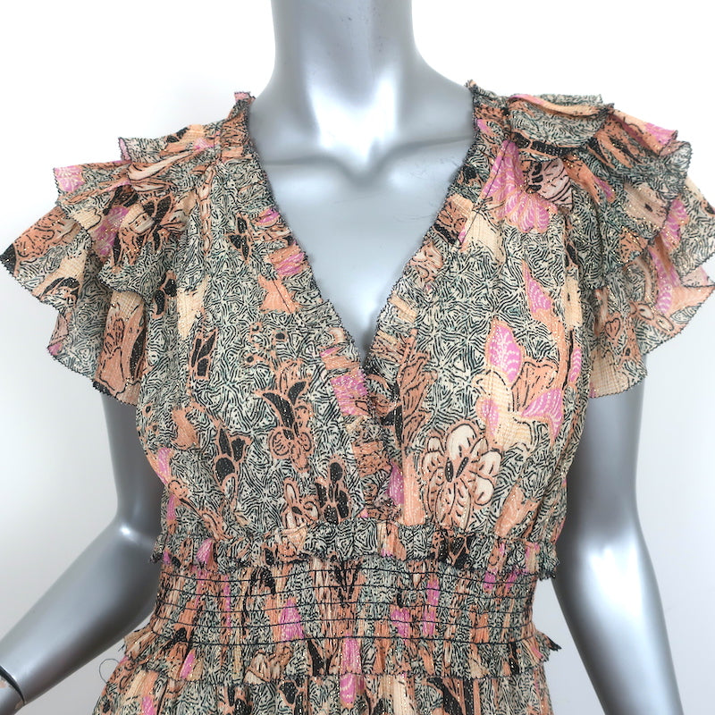 Ulla Johnson Midi Dress Cicely Metallic Floral Print Cotton-Silk Size 4