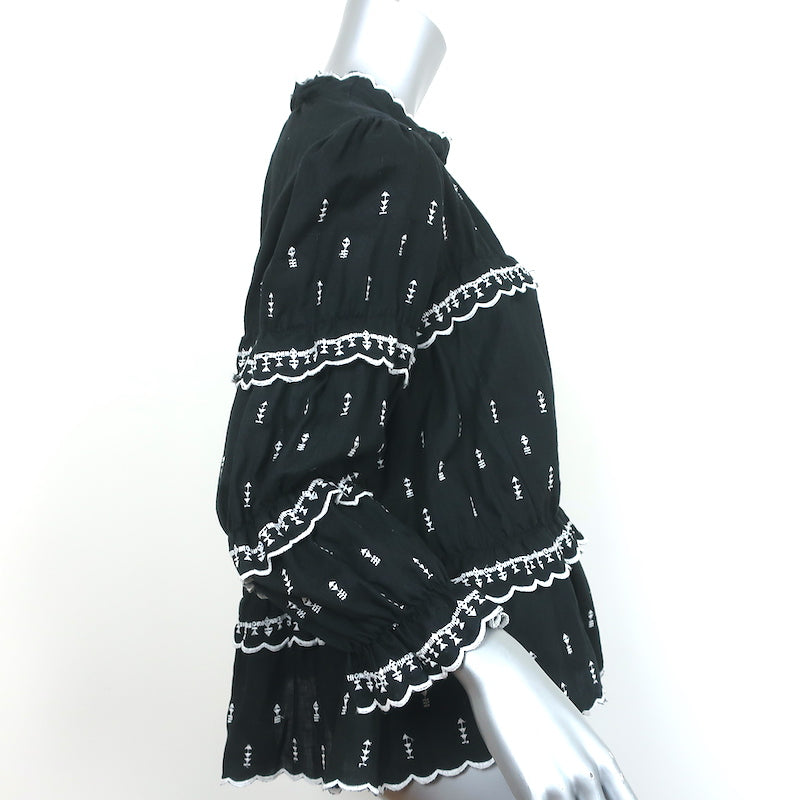 Isabel Marant Etoile Ruffle Blouse Daniela Black Embroidered Linen Size 38