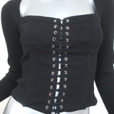 I.AM.GIA Portia Lace-Up Long Sleeve Corset Top Black Ribbed Cotton Size Small