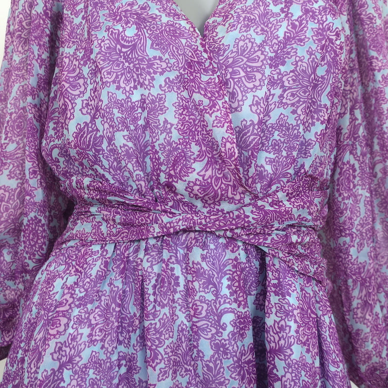 AMUR Twist-Front Dress Purple/Blue Printed Silk Chiffon Size 6 Long Sleeve Mini