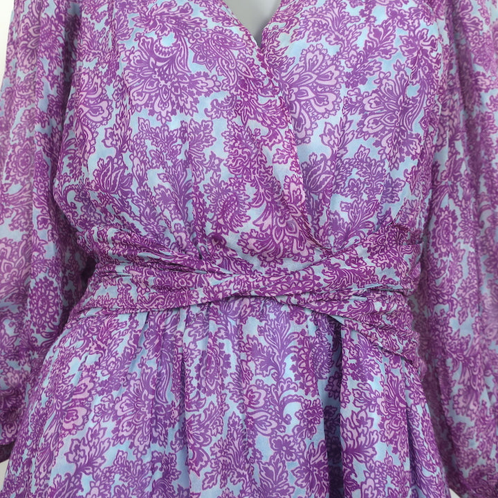 AMUR Twist-Front Dress Purple/Blue Printed Silk Chiffon Size 6 Long Sleeve Mini
