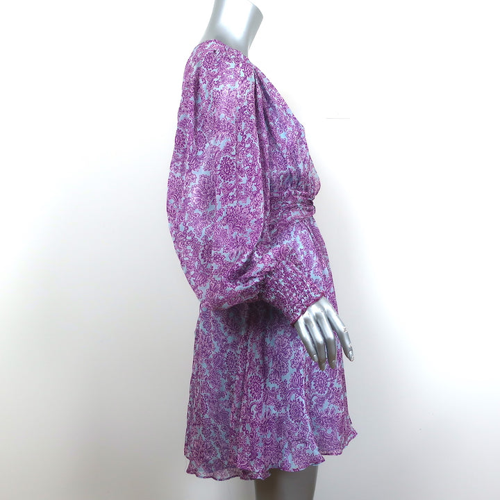 AMUR Twist-Front Dress Purple/Blue Printed Silk Chiffon Size 6 Long Sleeve Mini