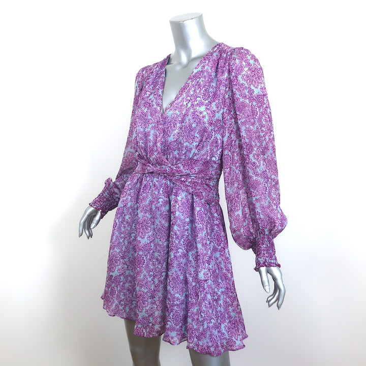 AMUR Twist-Front Dress Purple/Blue Printed Silk Chiffon Size 6 Long Sleeve Mini