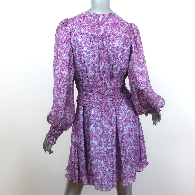 AMUR Twist-Front Dress Purple/Blue Printed Silk Chiffon Size 6 Long Sleeve Mini
