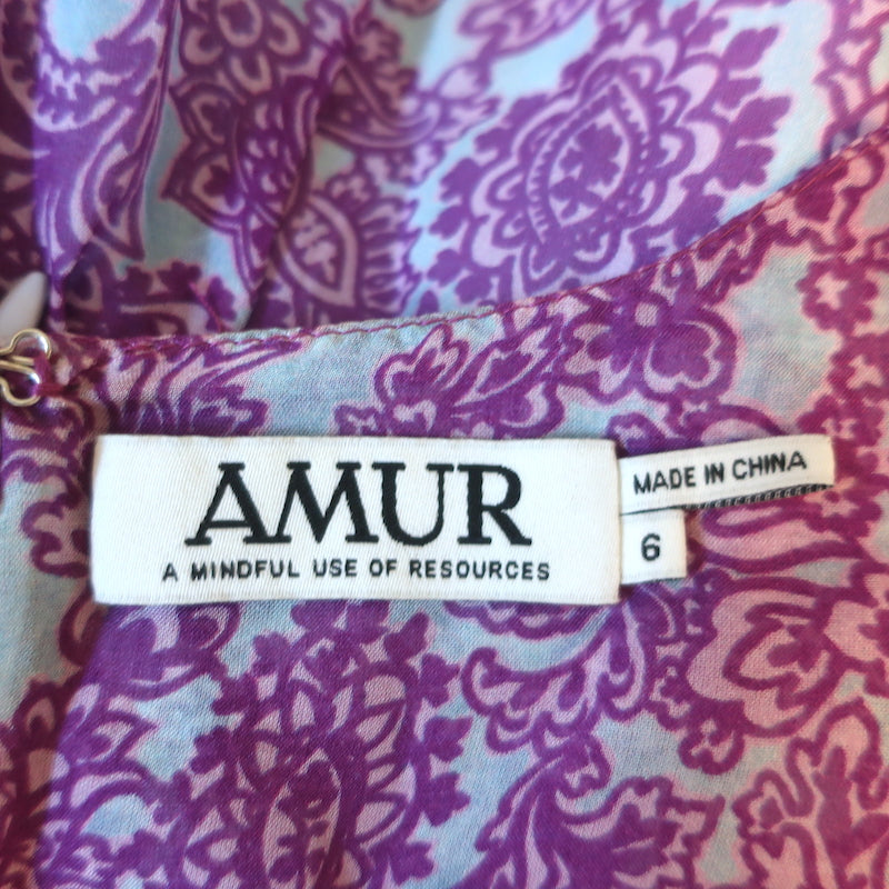 AMUR Twist-Front Dress Purple/Blue Printed Silk Chiffon Size 6 Long Sleeve Mini