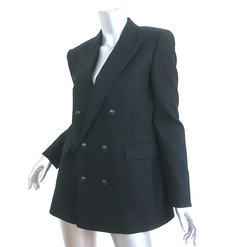 Saint Laurent Double Breasted Blazer Jacket Black Metallic-Striped Wool Size 40