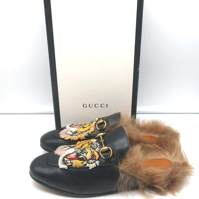 Gucci Fur Princetown Mules Black Tiger-Embroidered Leather Size 37