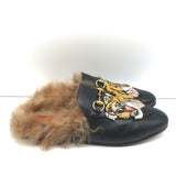 Gucci Fur Princetown Mules Black Tiger-Embroidered Leather Size 37