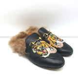 Gucci Fur Princetown Mules Black Tiger-Embroidered Leather Size 37