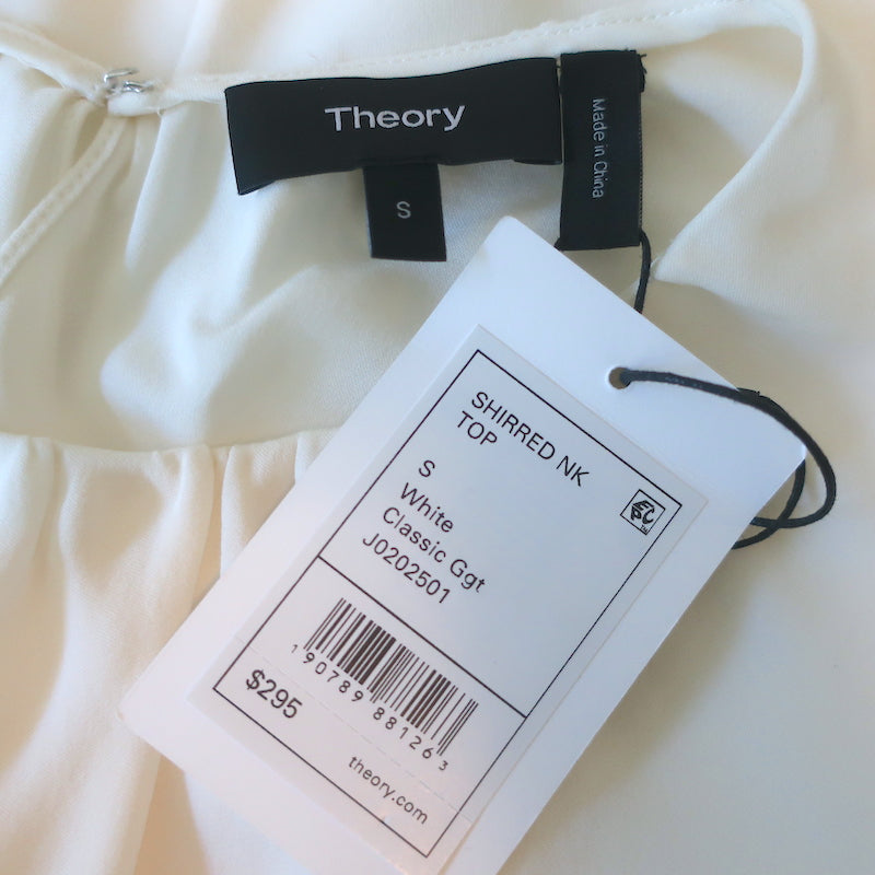 Theory Shirred Neck Top White Silk Size Small Cap Sleeve Blouse NEW