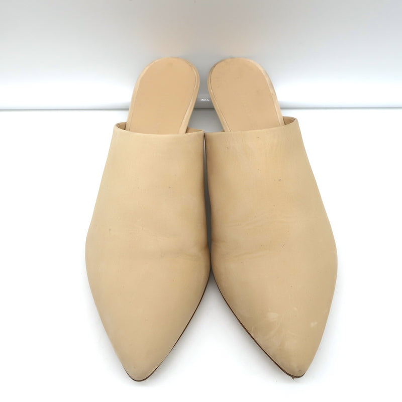 Jenni Kayne Kitten Heel Mules Beige Oiled Leather Size 36