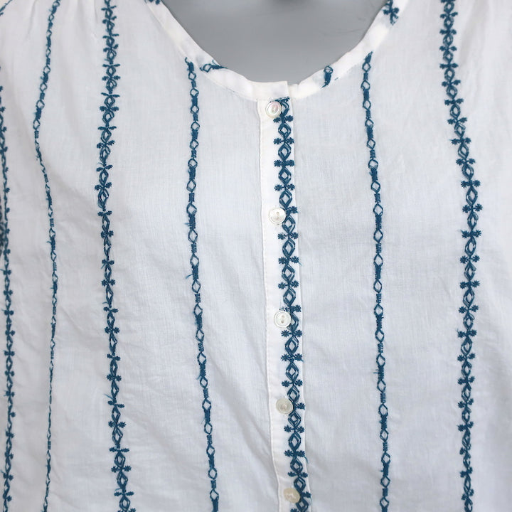 Nili Lotan Blouse Provence White/Navy Embroidered Stripe Cotton Size Small NEW