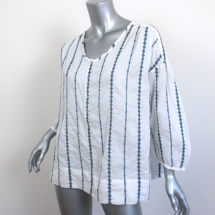 Nili Lotan Blouse Provence White/Navy Embroidered Stripe Cotton Size Small NEW