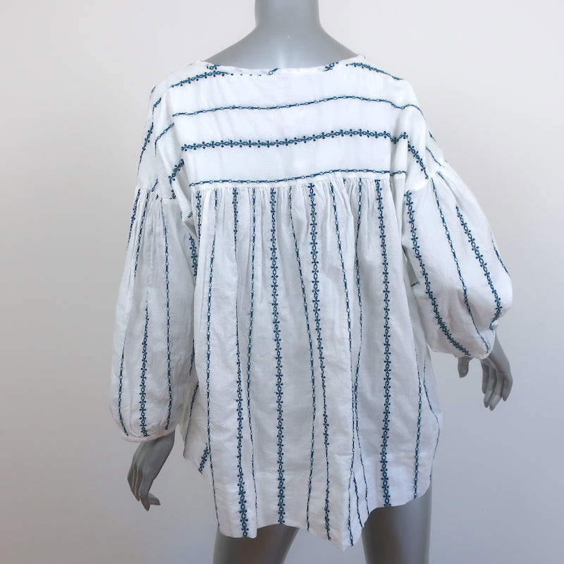 Nili Lotan Blouse Provence White/Navy Embroidered Stripe Cotton Size Small NEW