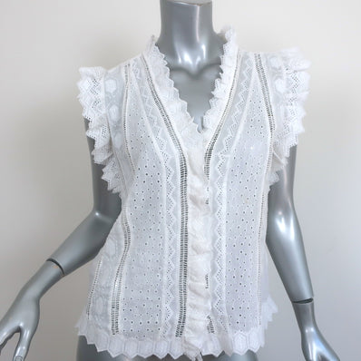 FRAME Top Lauren White Broderie Anglaise Ramie Size Small Sleeveless Blouse