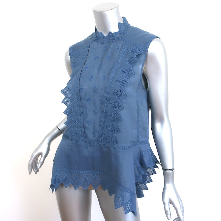 Isabel Marant Embroidered Top Nust Blue Ramie Size 34 Sleeveless Blouse
