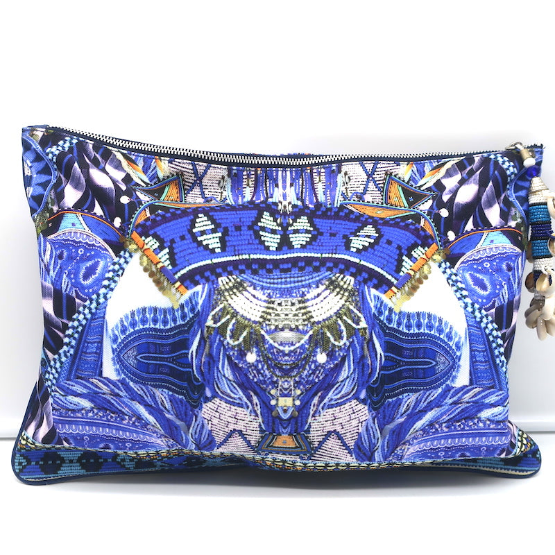 Camilla Large Canvas Clutch with Shells Blue Printed