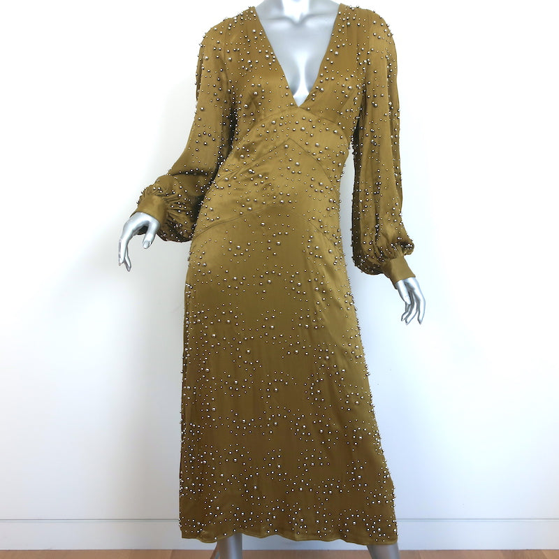 Rachel Comey Beaded Midi Dress Desilo Olive Satin Size 4 Long Sleeve V Celebrity Owned Rachel Comey Beaded Midi Dress Desilo Olive Satin Size 4 Long Sleeve V Celebrity Owned