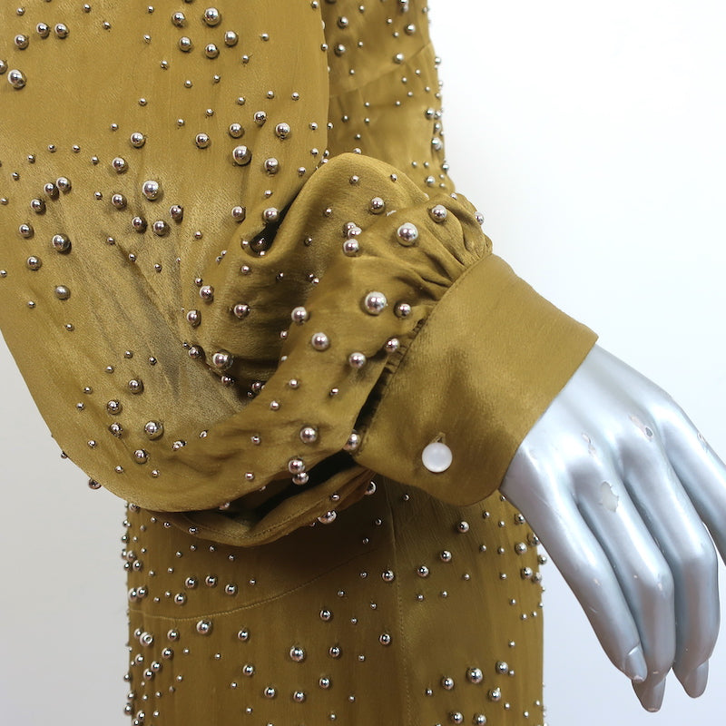 Rachel Comey Beaded Midi Dress Desilo Olive Satin Size 4 Long Sleeve V Celebrity Owned Rachel Comey Beaded Midi Dress Desilo Olive Satin Size 4 Long Sleeve V Celebrity Owned