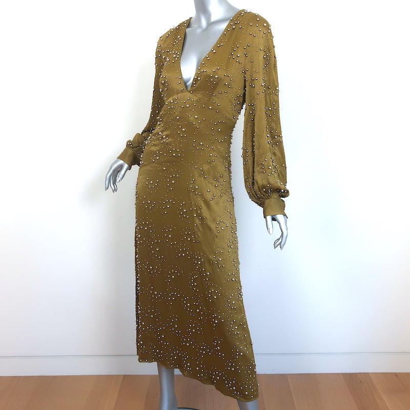 Rachel Comey Beaded Midi Dress Desilo Olive Satin Size 4 Long Sleeve V-Neck NEW