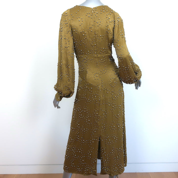 Rachel Comey Beaded Midi Dress Desilo Olive Satin Size 4 Long Sleeve V-Neck NEW