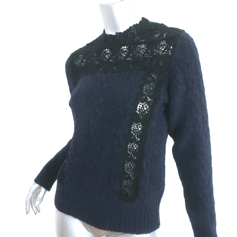 SEA Lace-Inset Sweater Navy Alpaca-Blend Cable Knit Size Small