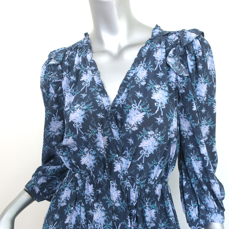 LoveShackFancy Handkerchief Hem Maxi Dress Milton Navy Floral Print Size Small