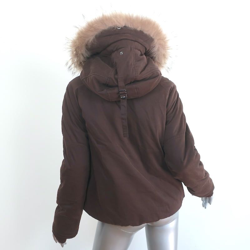 Theory Fur Hood Puffer Jacket Stert Brown Stretch Cotton Size Petite