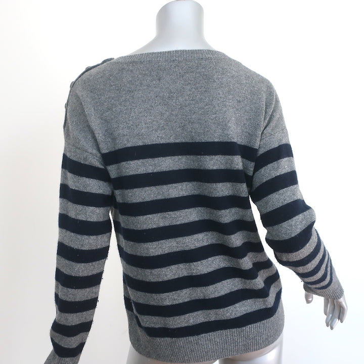 Vince Shoulder-Button Cashmere Sweater Gray/Navy Stripe Size Extra Small