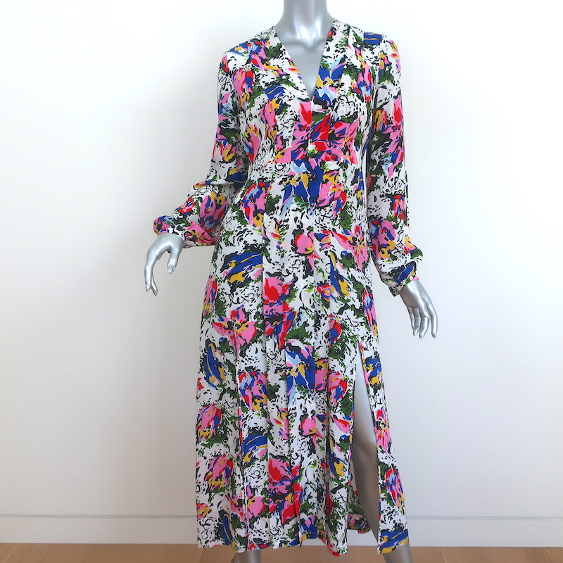Rixo Midi Dress Camellia Floral Print Pleated Silk Size Small Long Sleeve V-Neck Rixo Midi Dress Camellia Floral Print Pleated Silk Size Small Long Sleeve V-Neck