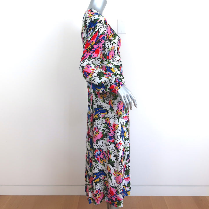 RIXO Midi Dress Camellia Floral Print Pleated Silk Size Small Long Sleeve V-Neck