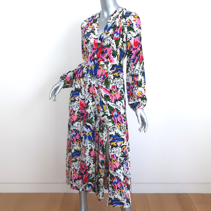 RIXO Midi Dress Camellia Floral Print Pleated Silk Size Small Long Sleeve V-Neck