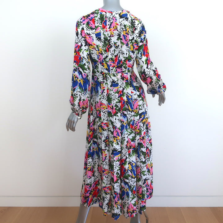 RIXO Midi Dress Camellia Floral Print Pleated Silk Size Small Long Sleeve V-Neck