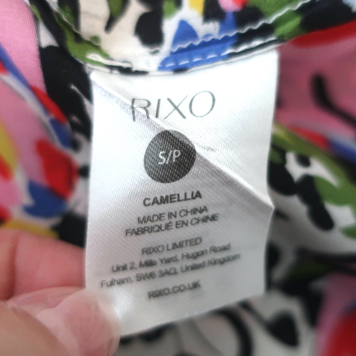RIXO Midi Dress Camellia Floral Print Pleated Silk Size Small Long Sleeve V-Neck