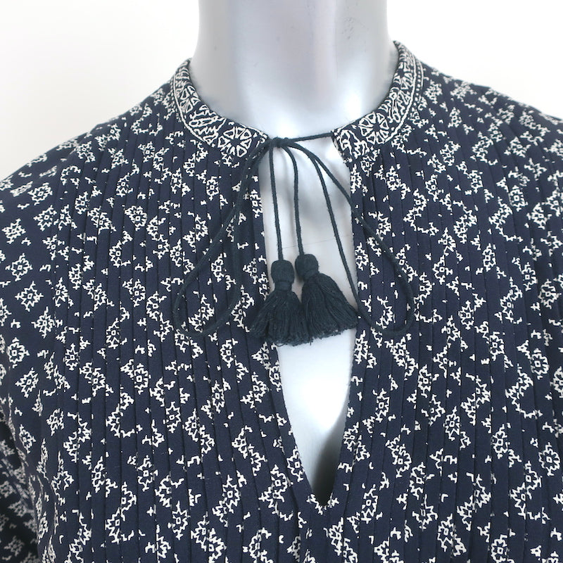 SEA Tassel Top Navy Printed Silk Crepe Size 0 Long Sleeve Blouse