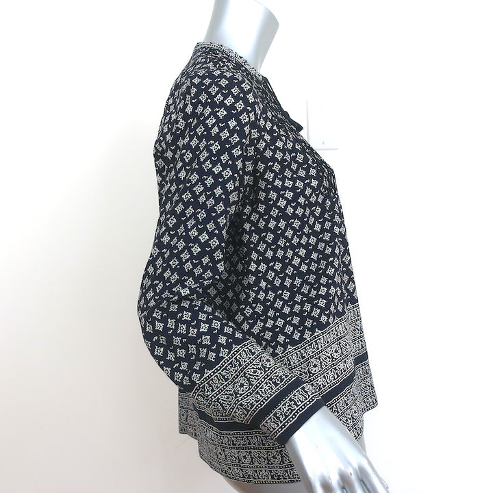 SEA Tassel Top Navy Printed Silk Crepe Size 0 Long Sleeve Blouse