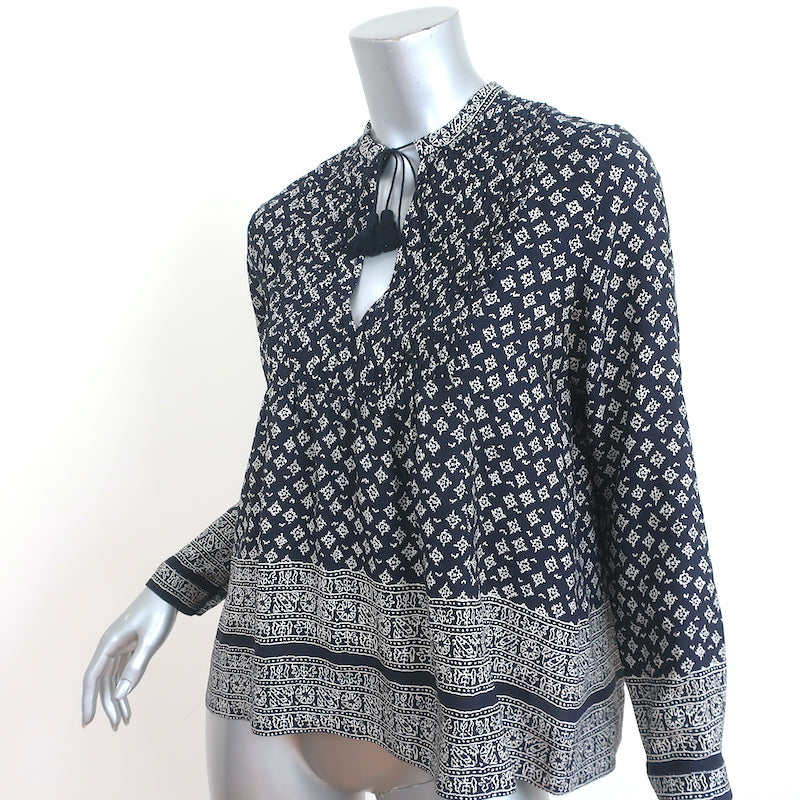SEA Tassel Top Navy Printed Silk Crepe Size 0 Long Sleeve Blouse