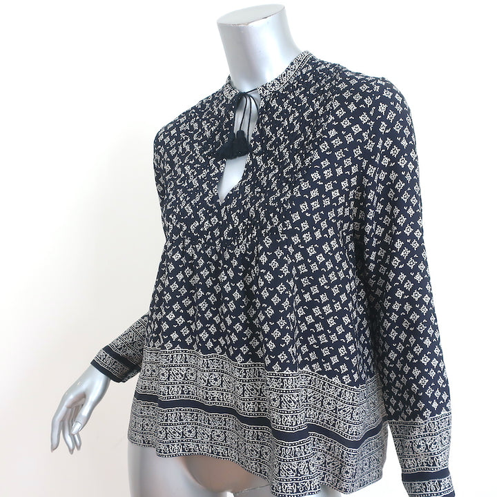 SEA Tassel Top Navy Printed Silk Crepe Size 0 Long Sleeve Blouse