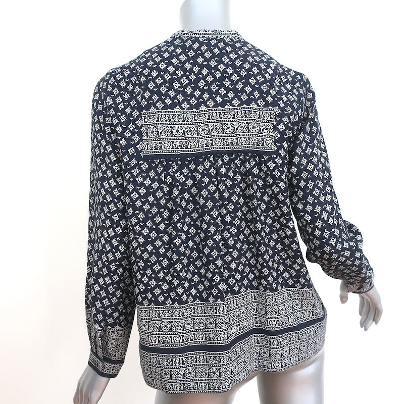 SEA Tassel Top Navy Printed Silk Crepe Size 0 Long Sleeve Blouse