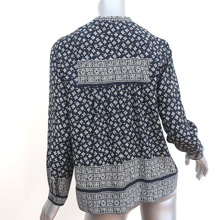 SEA Tassel Top Navy Printed Silk Crepe Size 0 Long Sleeve Blouse