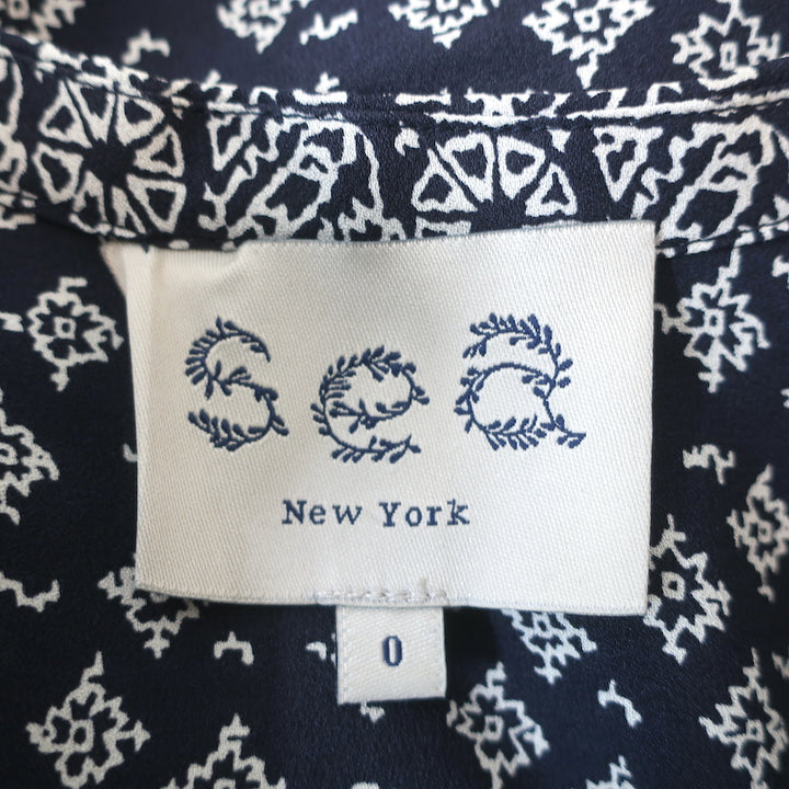 SEA Tassel Top Navy Printed Silk Crepe Size 0 Long Sleeve Blouse
