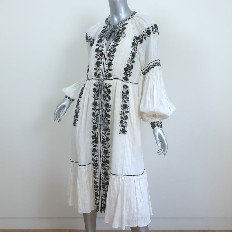 Ulla Johnson Midi Dress Vanita White Embroidered Cotton Gauze Size 2 Long Sleeve