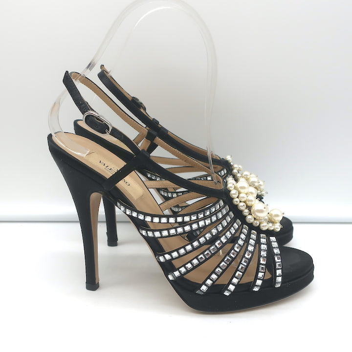 Valentino Crystal &amp; Faux Pearl Embellished Cage Sandals Black Satin Size 36