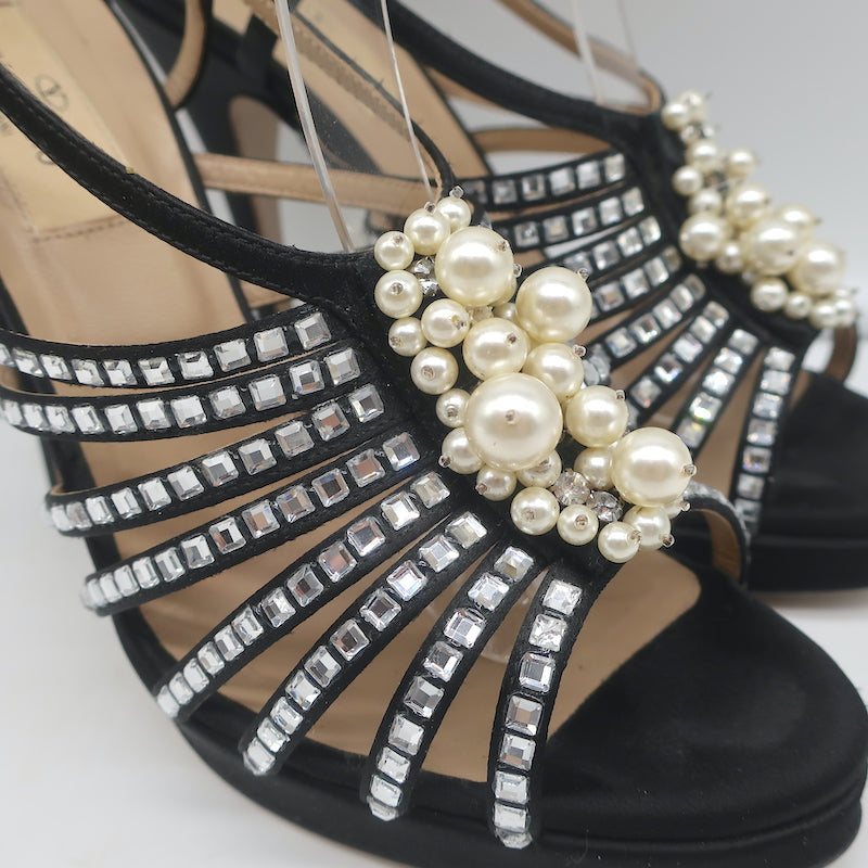 Valentino Crystal &amp; Faux Pearl Embellished Cage Sandals Black Satin Size 36